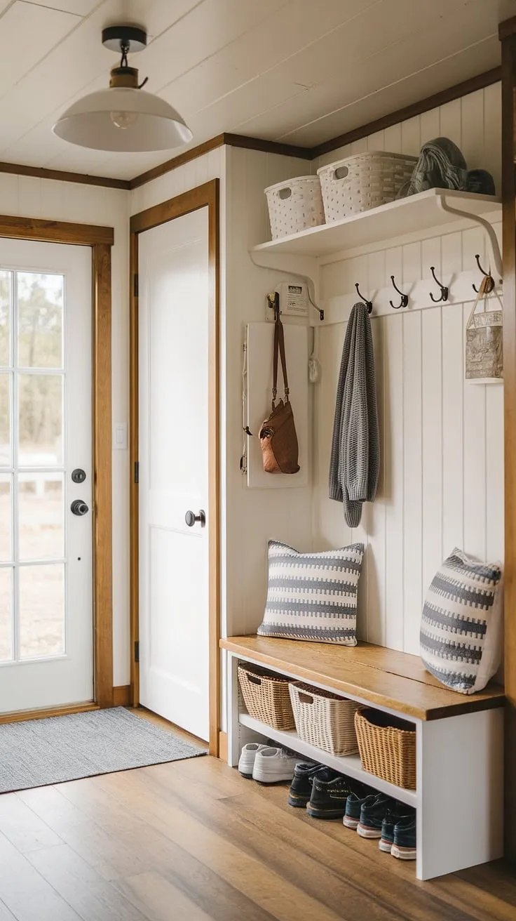Maximize space in your tiny home with this cleverly designed entryway nook. Small mudroom ideas come to life with this efficient use of a narrow entryway closet, shelf and hooks, providing ample shoe storage and home entrance organization. The entryway storage bench with baskets and neatly placed shoes showcases practical entryway storage ideas, while the additional shelf offers extra space. Perfect for tiny hallway ideas and small entrance ideas, this design proves that even the smallest spaces can be stylish and functional.