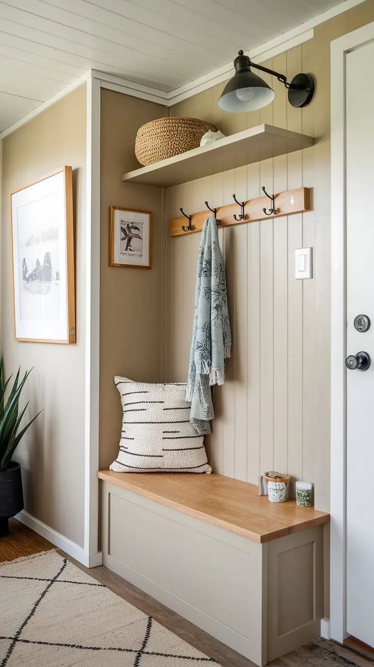 This tiny home entryway showcases brilliant small entrance ideas. The entryway nook features a narrow entryway closet with a built-in storage bench, shelf and hooks, and a small plant—all contributing to smart entryway storage ideas and entryway storage bench ideas. Perfect for small mudroom ideas.