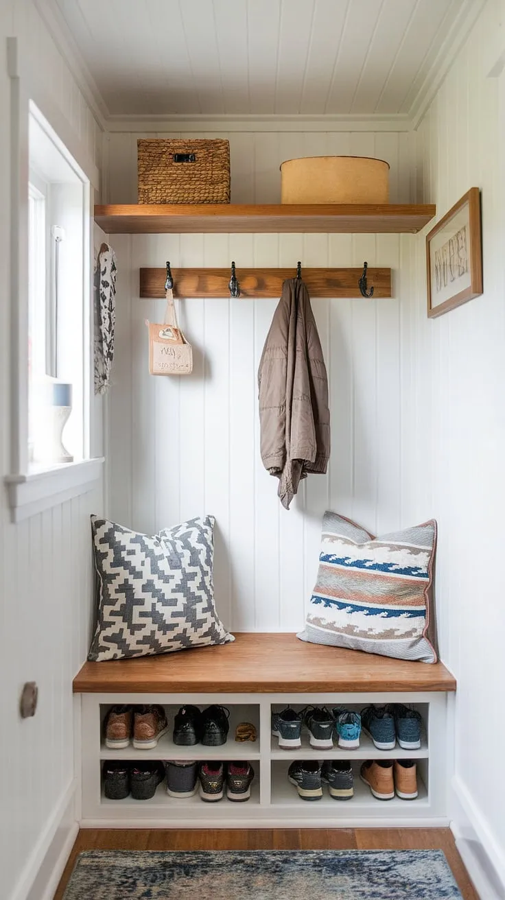 This entryway nook proves that even tiny hallway ideas can be big on style and function. Clever entryway storage ideas, including a shoe storage solution, shelf and hooks, and an entryway storage bench, create a welcoming and organized tiny home entryway.