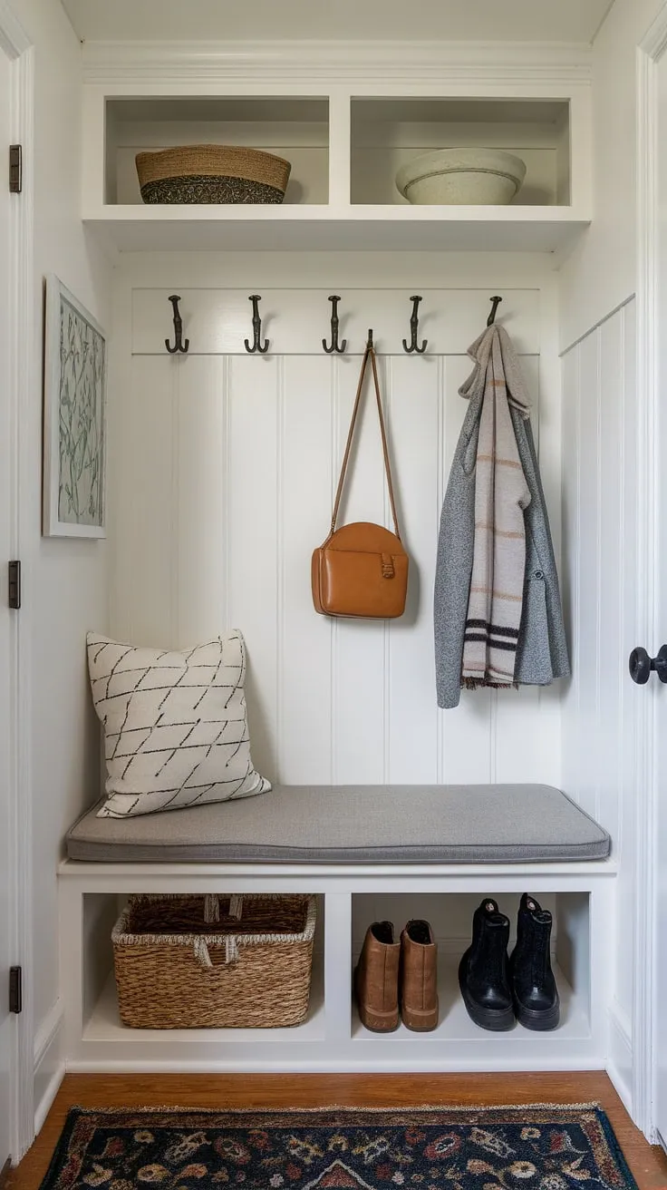 Maximize your space with this clever entryway nook. Small mudroom ideas come to life with this compact design featuring shoe storage, shelf and hooks, and a comfy bench. Perfect for tiny home entryway organization.