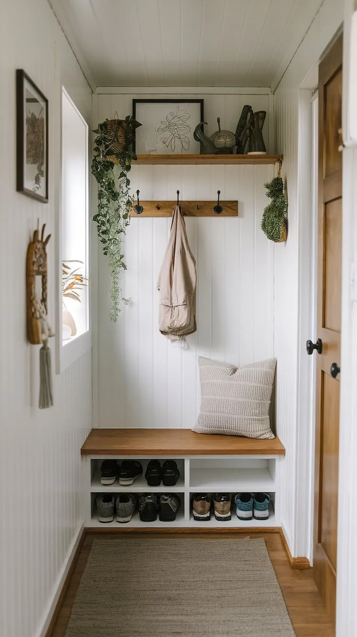 Step into this charming tiny home entryway, a testament to efficient small entrance ideas. This narrow entryway closet showcases smart storage solutions: a bench with shoe storage underneath, complemented by a shelf and hooks for keys and accessories. These small mudroom ideas transform this tiny hallway into a functional and welcoming entryway, demonstrating the possibilities of entryway storage ideas and entryway storage bench ideas in even the smallest of homes.