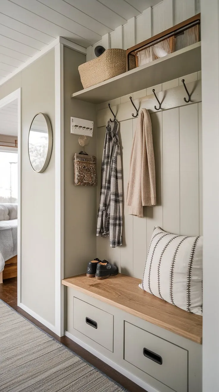 This entryway nook proves that even the smallest entrance can be stylish and functional. Explore these small entrance ideas featuring a narrow entryway closet, entryway storage bench ideas, and shelf and hooks for ultimate entryway storage ideas. Perfect for tiny hallway ideas and tiny home entryway solutions.