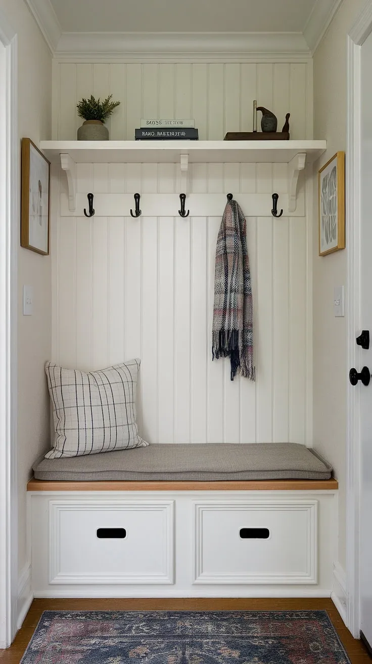 Maximize your entryway's potential with this clever use of space. This narrow entryway nook showcases smart small mudroom ideas, transforming a tiny hallway into a functional and stylish area. The entryway storage bench provides ample shoe storage, while the shelf and hooks offer additional home entrance organization. Perfect for small entrance ideas or even tiny home entryway solutions, this design demonstrates how entryway storage ideas and entryway storage bench ideas can create a welcoming atmosphere, even in the smallest of spaces. Consider this inspiration for narrow entryway closet ideas.