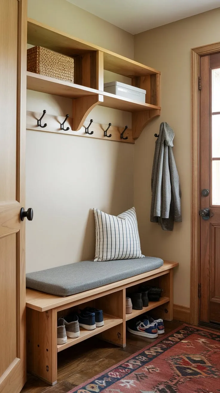 Transform a small entrance into a functional and inviting entryway nook. This entryway storage bench idea, complete with shelves and hooks, provides ample shoe storage and home entrance organization. Ideal for small mudroom ideas and narrow entryway closet ideas, this design proves that even tiny hallway ideas can be big on style.