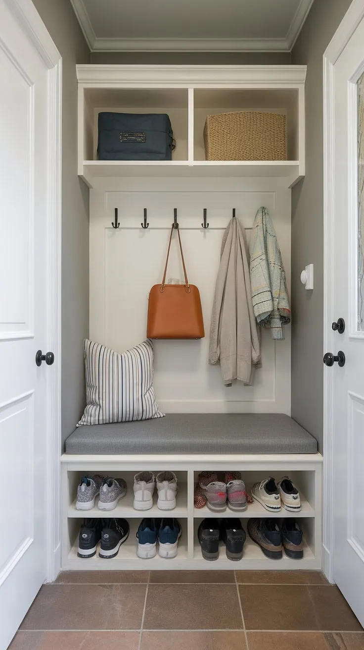 Maximize your space with this cleverly designed entryway nook. Small mudroom ideas come to life with this functional blend of shoe storage, shelf and hooks, perfect for even the tiniest hallway ideas or tiny home entryway.