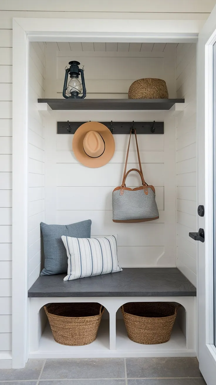 This charming entryway nook demonstrates how effective small entrance ideas can be in a tiny home entryway. The shelf and hooks offer practical entryway storage ideas, perfect for storing everyday items like hats and bags. The built-in bench provides a convenient spot to sit and remove shoes, making this a functional and stylish solution for small mudroom ideas and tiny hallway ideas. Consider this inspiration for narrow entryway closet ideas and entryway storage bench ideas, maximizing your home entrance organization in even the smallest of spaces.