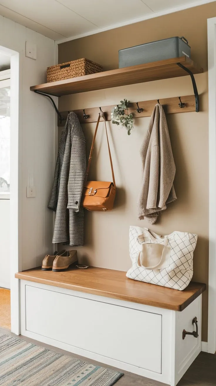 Maximize your space with this charming entryway nook. Clever shelf and hooks, a storage bench for shoes, and a cozy rug transform a tiny home entryway into a functional and stylish small mudroom. Perfect for small entrance ideas and narrow entryway closet ideas, offering brilliant home entrance organization and entryway storage ideas, including entryway storage bench ideas and even tiny hallway ideas.