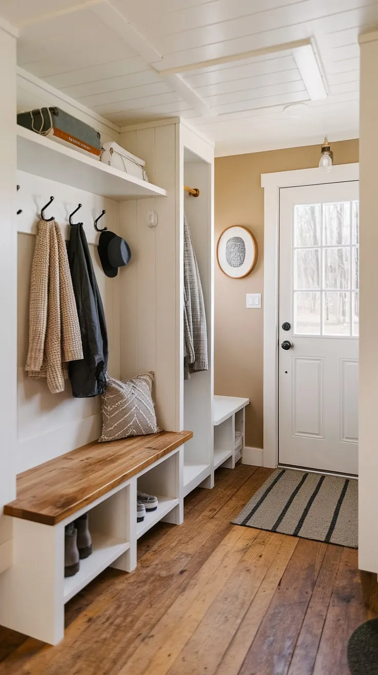 Maximize space in your tiny home with this cleverly designed entryway nook. The small mudroom ideas showcased here, including a storage bench for shoe storage and a narrow entryway closet, offer efficient home entrance organization. The shelf and hooks provide extra space for coats and hats, making this tiny home entryway a model of functionality. This is a perfect example of small entrance ideas and entryway storage ideas, even in a tiny hallway. The entryway storage bench ideas are particularly effective in this space.