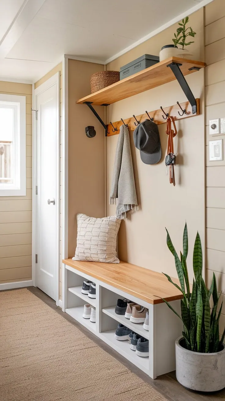 This small entrance idea showcases how a tiny home entryway can be both charming and organized. The simple shelf and hooks, combined with a built-in storage bench, create a functional small mudroom. Perfect for those seeking narrow entryway closet ideas or tiny hallway ideas, this design offers efficient shoe storage and home entrance organization within a limited space. Consider this inspiration for your own entryway storage ideas and entryway storage bench ideas.