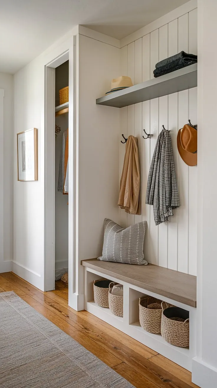 This entryway nook is a masterclass in small space design. Smart entryway storage ideas like a shelf and hooks, plus a practical entryway storage bench for shoe storage, transform a narrow entryway closet into a functional and stylish small mudroom. Perfect tiny hallway ideas for maximizing your home entrance organization.