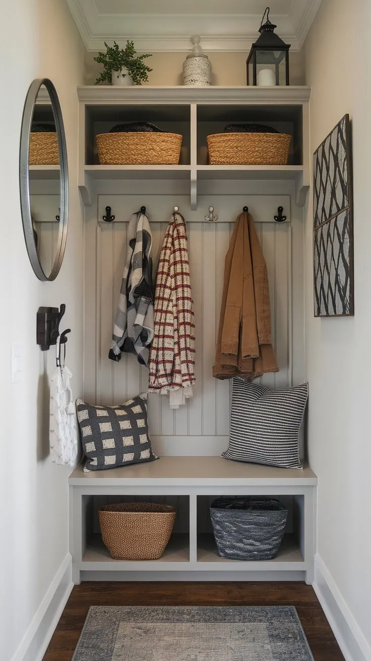 Transform your small entrance into a functional and stylish space with these entryway storage ideas. This compact mudroom features a narrow entryway closet cleverly fitted with a shelf and hooks, maximizing vertical space. The entryway storage bench provides ample shoe storage, while the rug adds warmth and personality. Ideal for tiny hallway ideas and a tiny home entryway, this design proves that even a small space can be beautifully organized. Consider this inspiration for your next small mudroom ideas project.