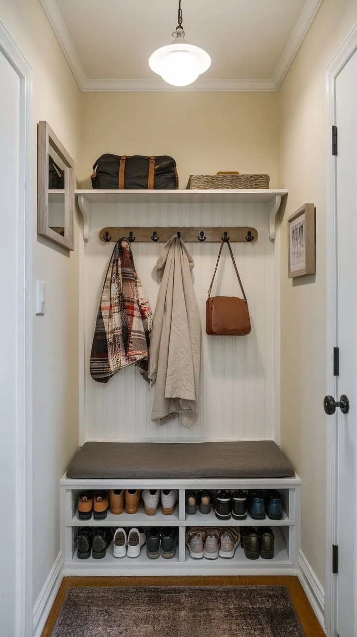 Transform a narrow entryway closet into a functional and stylish entryway storage solution. This tiny hallway boasts clever entryway storage ideas, including a comfy entryway storage bench ideas and practical shelf and hooks, ideal for small entrance ideas and small mudroom ideas.