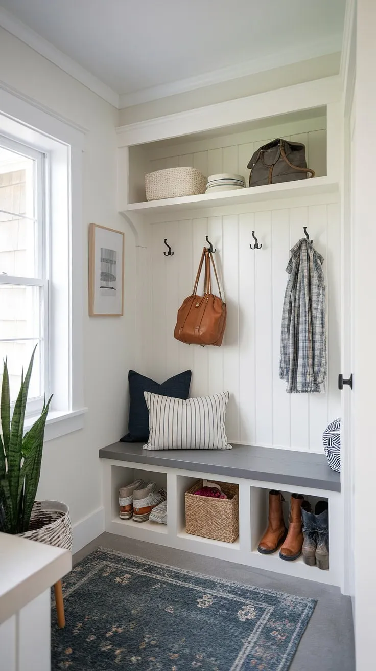 Maximize your small space with this bright and functional entryway nook. Clever storage solutions, including a bench with shoe storage, shelf and hooks, and a narrow entryway closet, make home entrance organization a breeze. This is perfect small mudroom ideas, tiny home entryway, and tiny hallway ideas inspiration.