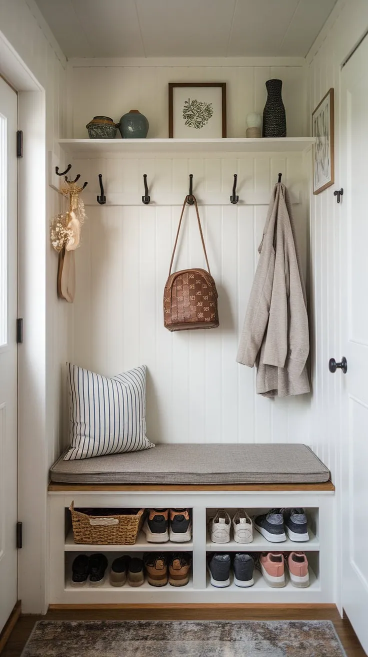 Maximize space and style in this tiny home entryway nook. Clever small mudroom ideas like this storage bench with cushioned top, shelf and hooks, and creative shoe storage solutions (basket and rack) transform a narrow entryway closet into a functional and inviting home entrance. These entryway storage ideas, perfect for tiny hallway ideas, offer efficient entryway storage bench ideas and demonstrate how even the smallest space can be organized.