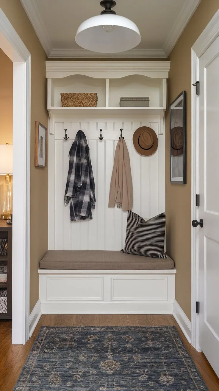 Maximize your space with this clever entryway nook. Small mudroom ideas, shoe storage, and home entrance organization come together seamlessly in this tiny home entryway. Shelf and hooks, plus a storage bench, offer ample solutions for even the narrowest entryway closet ideas.