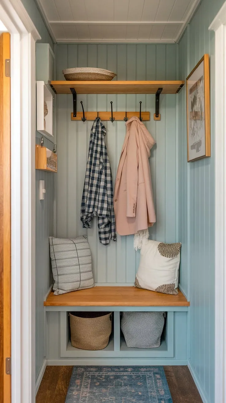 This charming tiny home entryway boasts ingenious small entrance ideas. A narrow entryway closet, cleverly designed with a shelf and hooks, provides ample entryway storage ideas. The built-in storage bench offers practical shoe storage, while a small rug adds warmth and personality. This space perfectly embodies small mudroom ideas and entryway storage bench ideas, proving that even tiny hallway ideas can be stylish and functional. The light blue walls enhance the feeling of spaciousness in this efficient entryway nook.