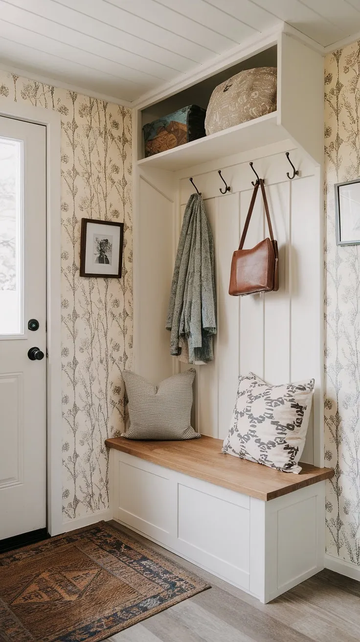 Step into this charming tiny home entryway, a perfectly organized entryway nook showcasing clever small mudroom ideas. The narrow entryway closet, brimming with shelf and hooks, maximizes storage while the entryway storage bench offers practical shoe storage and a welcoming seat. A floral wallpaper adds a touch of elegance to this small entrance ideas solution, demonstrating effective home entrance organization. This space proves that even tiny hallway ideas can be both stylish and functional, offering ample entryway storage ideas and entryway storage bench ideas.