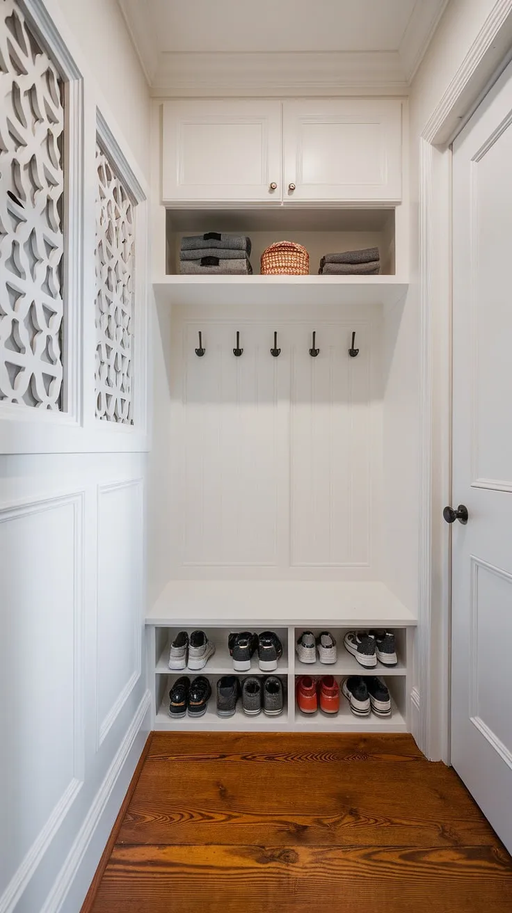 Maximize your space with this cleverly designed entryway nook. Small mudroom ideas come alive with smart shoe storage, a shelf and hooks, and a narrow entryway closet, perfect for tiny home entryway or tiny hallway ideas. This home entrance organization solution offers ample entryway storage ideas and entryway storage bench ideas.