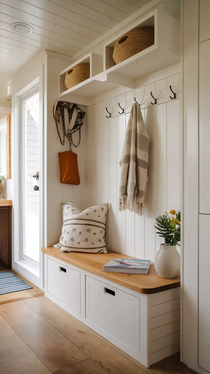 Maximize space in your tiny home with this clever entryway nook. The built-in storage bench provides ample shoe storage, while the shelf and hooks above offer a place for keys, bags, and coats. This small mudroom idea is perfect for keeping a narrow entryway organized and functional, showcasing smart small entrance ideas and narrow entryway closet ideas. It's a fantastic example of home entrance organization and entryway storage ideas, particularly for entryway storage bench ideas and tiny hallway ideas.