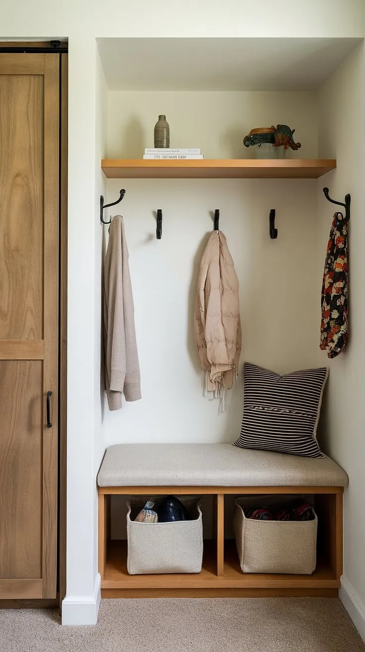 Maximize space in your tiny home entryway with this clever entryway nook. This small mudroom idea utilizes a storage bench for shoe storage, a narrow entryway closet for extra items, and shelf and hooks for coats and accessories. Perfect for small entrance ideas and home entrance organization, this setup offers ample entryway storage ideas and entryway storage bench ideas, even in a tiny hallway.