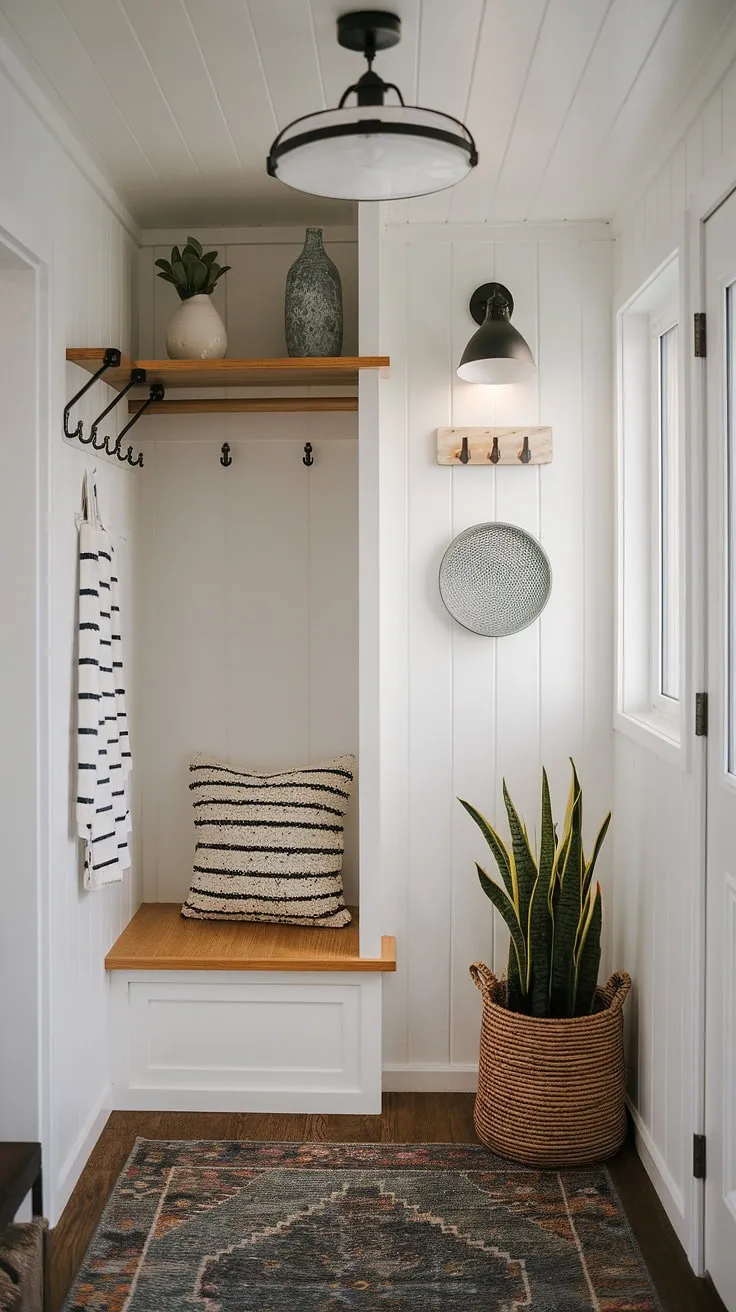 This charming tiny home entryway is a masterclass in home entrance organization. The small mudroom ideas implemented here are both stylish and practical. A narrow entryway closet cleverly utilizes vertical space, while a storage bench beneath a shelf with hooks provides ample shoe storage and additional space for everyday items. This entryway nook is a testament to how effective small entrance ideas can be. The combination of a shelf and hooks, along with the storage bench, offers a multitude of entryway storage ideas. Perfect for those seeking entryway storage bench ideas or tiny hallway ideas, this design proves that even the smallest spaces can be organized and inviting.