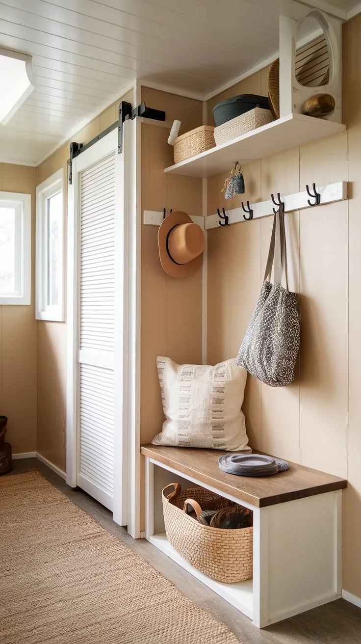 This small entrance idea transforms a cramped entryway into a functional and stylish space. The combination of a shelf and hooks, along with an entryway storage bench, provides efficient entryway storage ideas. Perfect for tiny home entryway organization, this design cleverly incorporates a narrow entryway closet, maximizing storage in a small mudroom. Consider this for your next tiny hallway idea or when exploring small mudroom ideas.