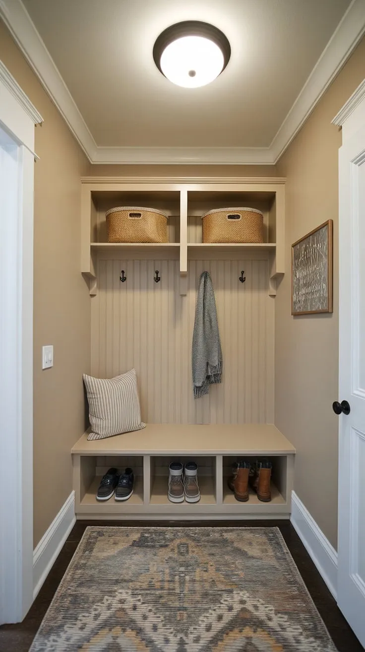 Maximize space in your tiny home entryway with this clever mudroom design. The narrow entryway closet, combined with a bench offering shoe storage and overhead shelf and hooks, provides ample home entrance organization. This small mudroom ideas solution is perfect for small entrance ideas and tiny hallway ideas, showcasing entryway storage ideas and entryway storage bench ideas. The entryway nook feels surprisingly spacious.