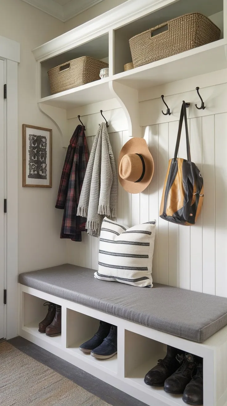 Maximize your space with this clever entryway nook. Small mudroom ideas like this shelf and hooks system, combined with a storage bench, offer amazing shoe storage and home entrance organization, even in a tiny hallway or tiny home entryway. Narrow entryway closet ideas don't have to be cramped!