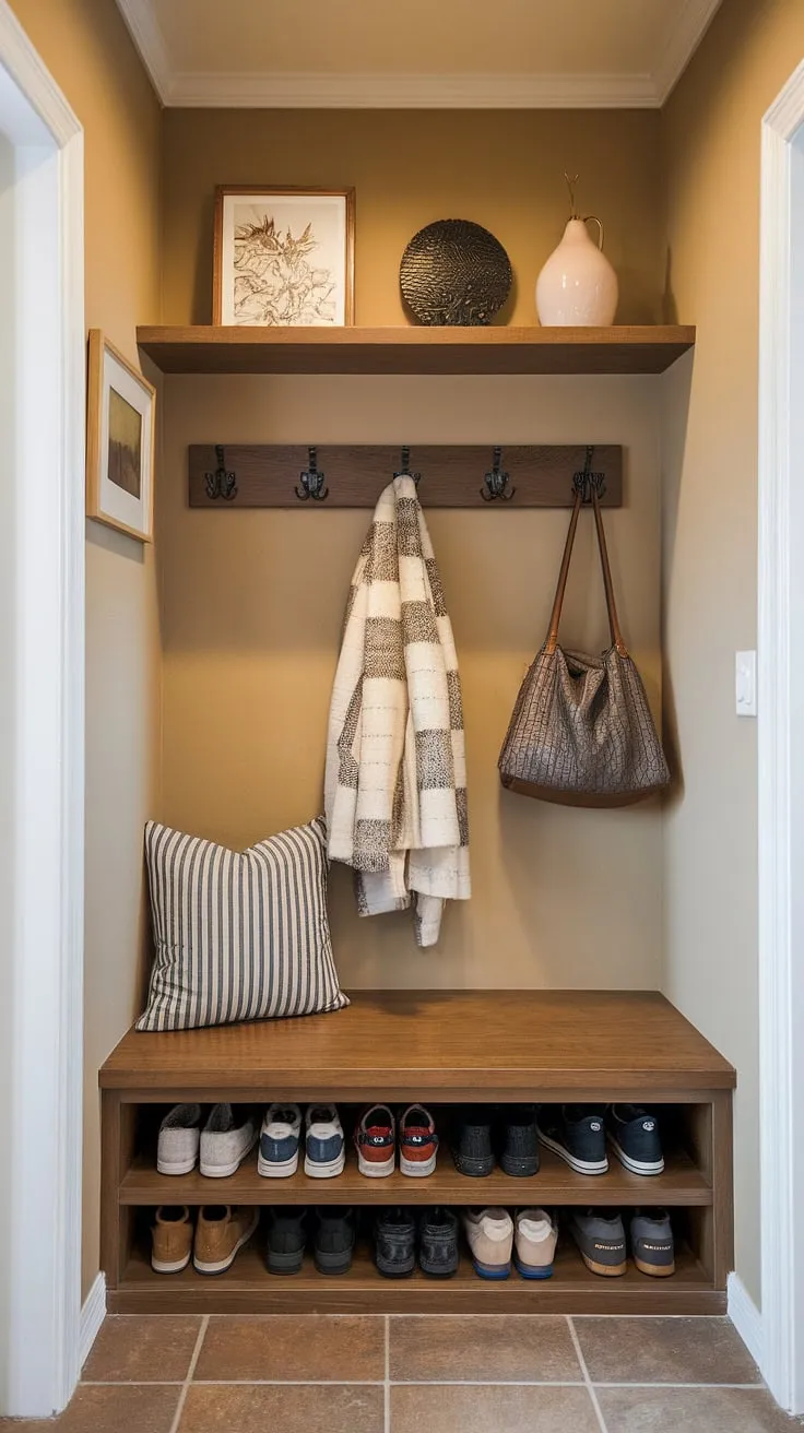 Transform a tiny hallway ideas into a welcoming entryway storage ideas with this space-saving entryway nook. The entryway storage bench ideas provides ample shoe storage, while the shelf and hooks keep coats and bags organized. Perfect for small mudroom ideas and narrow entryway closet ideas.