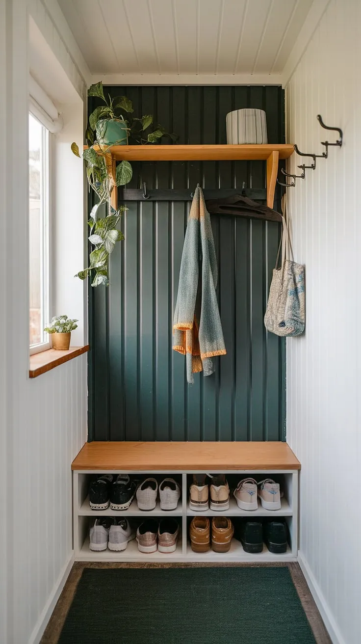 Maximize your tiny home entryway with this inspiring design. This small mudroom showcases smart entryway storage ideas, including a built-in shoe storage bench, shelf, and hooks. Perfect for narrow entryway closet ideas, this entryway nook demonstrates how effective home entrance organization can be in even the smallest spaces. The shelf and hooks add extra storage, while the dark green color palette creates a cozy and inviting tiny hallway ideas feel.
