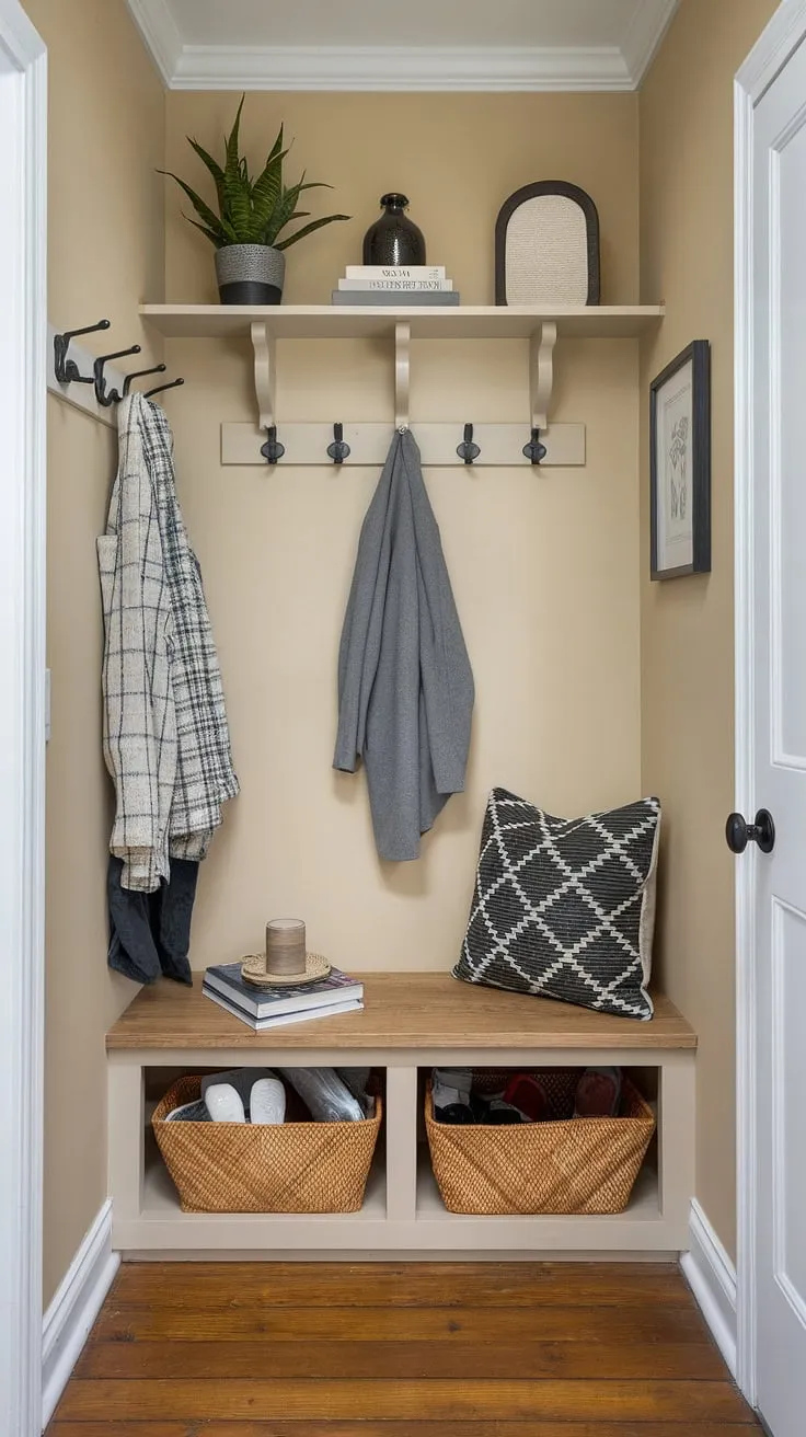 Maximize your space with this clever entryway nook. This small mudroom idea utilizes a storage bench for shoe storage, while a shelf and hooks above provide extra space for coats and accessories. Perfect for tiny home entryway organization, this narrow entryway closet idea offers efficient home entrance organization. The light beige walls and wooden floor create a welcoming atmosphere, making it a great example of entryway storage ideas and entryway storage bench ideas for even the tiniest hallway ideas.