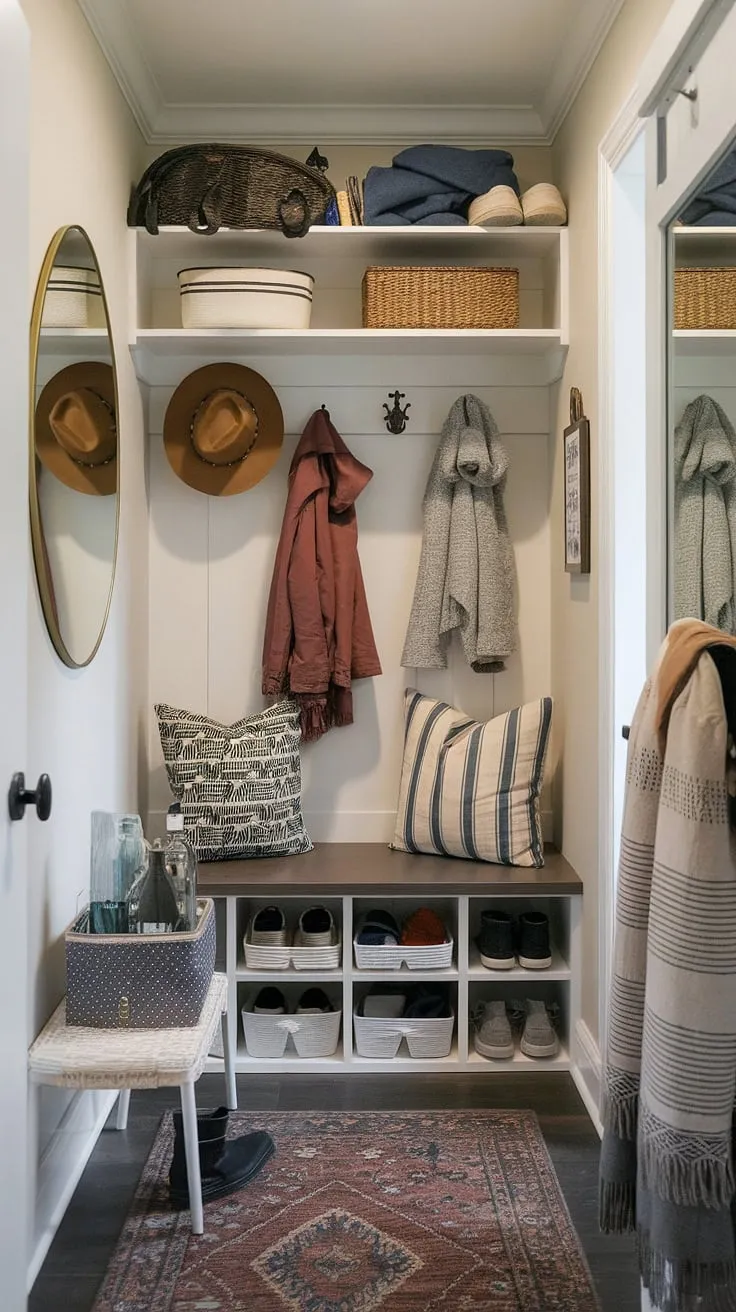 Maximize your space with this charming entryway nook. Small mudroom ideas come alive with clever shoe storage, a narrow entryway closet featuring shelf and hooks, and a stylish storage bench. Perfect for tiny home entryway or tiny hallway ideas.