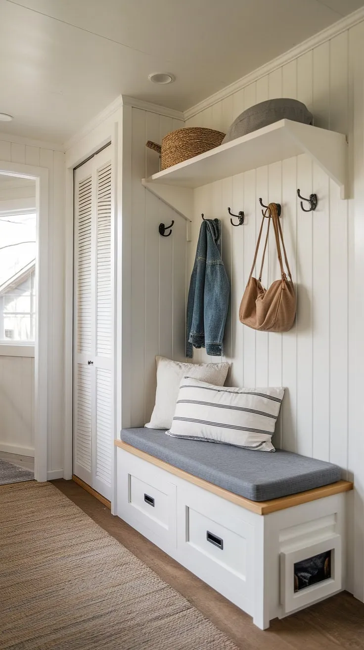 Clever small entrance ideas transform this narrow entryway into a functional and stylish space. The entryway nook features an entryway storage bench with cushions, a shelf above for extra storage, and wall-mounted hooks—perfect entryway storage ideas. This small mudroom idea cleverly incorporates shoe storage and utilizes vertical space. The narrow entryway closet adds further storage, making this tiny home entryway and tiny hallway idea a masterclass in home entrance organization and entryway storage bench ideas.