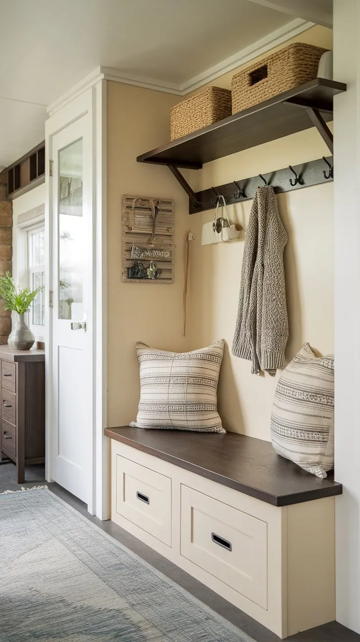 Maximize space and style in this cozy entryway nook. Clever shelf and hooks, a storage bench, and a narrow entryway closet offer brilliant small mudroom ideas and shoe storage solutions, perfect for tiny home entryway or small entrance ideas. This home entrance organization exemplifies entryway storage ideas and entryway storage bench ideas, even within tiny hallway ideas.