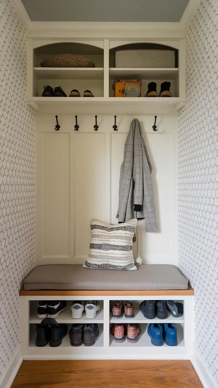 Transform a tiny hallway into a functional entryway nook with these small entrance ideas. This narrow entryway closet ideas solution combines a storage bench, shelf and hooks for effortless entryway storage ideas and shoe storage. Ideal for small mudroom ideas and entryway storage bench ideas in any tiny home entryway.