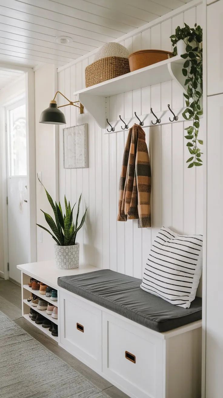 Maximize your space with this charming entryway nook. Clever small mudroom ideas and shoe storage solutions create a welcoming home entrance organization, perfect for tiny home entryway or narrow entryway closet ideas. The shelf and hooks, along with the entryway storage bench ideas, offer ample storage in this tiny hallway.