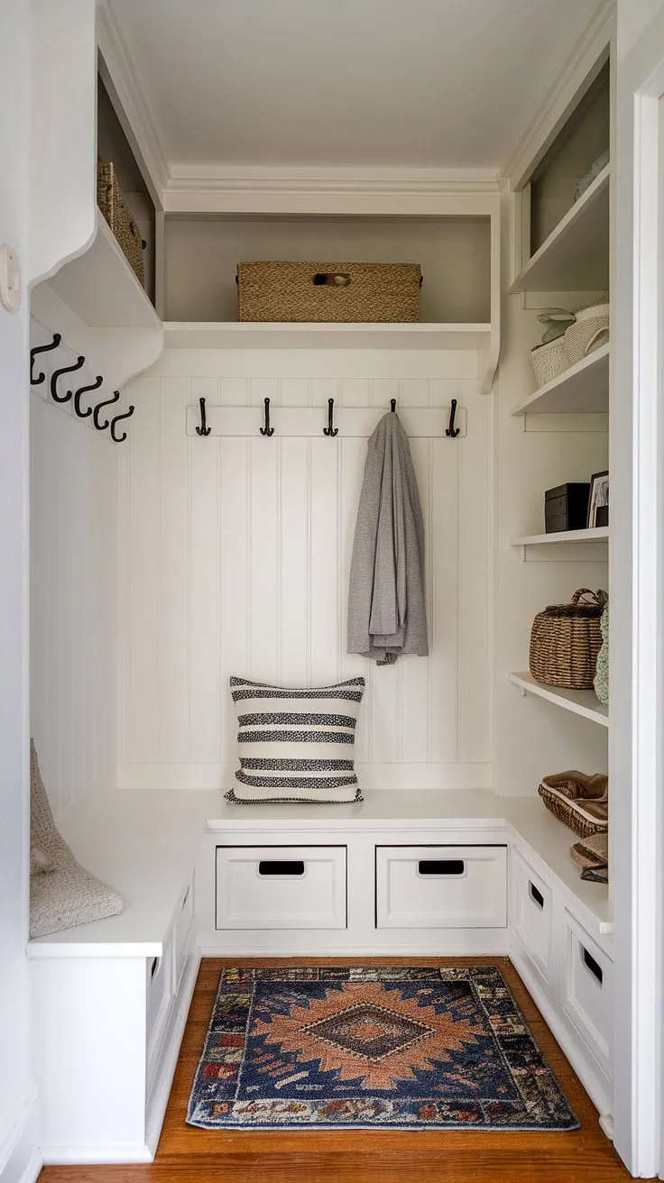 Transform a cramped entryway into a functional and stylish space with these small entrance ideas. This entryway storage solution combines a compact entryway storage bench with shelf and hooks, offering clever shoe storage and home entrance organization in a tiny hallway. Ideal for narrow entryway closet ideas and tiny home entryway design, this entryway nook demonstrates how efficient entryway storage ideas can maximize space.