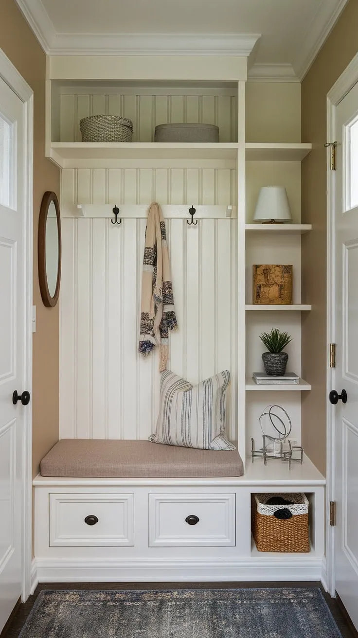Transform a tiny hallway into a functional and stylish entryway with these narrow entryway closet ideas. This small entrance boasts a custom-built storage bench, perfect for shoe storage and extra seating. The shelf and hooks above are ideal for keys, bags, and coats, while additional shelves maximize storage in this entryway nook. This tiny home entryway demonstrates how effective home entrance organization can be, even in the smallest of spaces. Consider this inspiration for your own entryway storage bench ideas and small mudroom ideas.