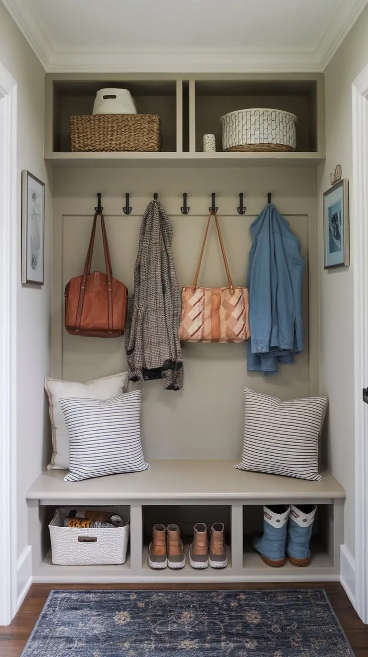 This tiny hallway's entryway nook is a masterclass in home entrance organization. Clever shelf and hooks, plus an entryway storage bench, provide ample storage in this small mudroom. Ideal narrow entryway closet ideas and entryway storage ideas for even the tiniest home entryway.