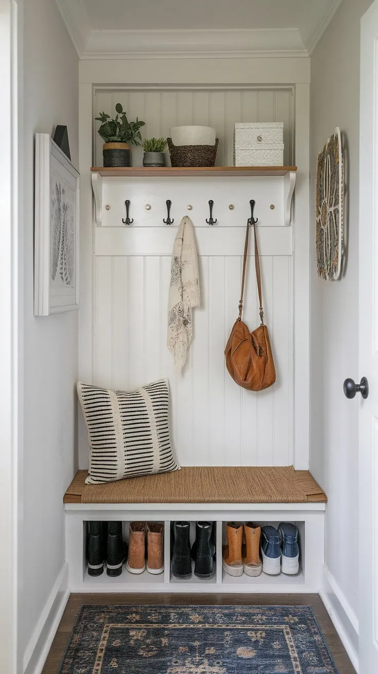 Maximize your space with clever entryway nook storage. This small mudroom boasts shoe storage, a shelf and hooks, and a bench—perfect small entrance ideas for even the tiniest hallway.