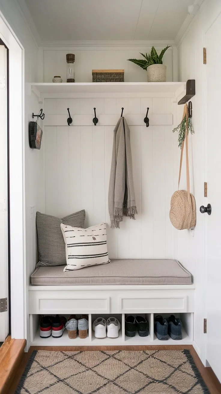 Maximize your space with this functional tiny home entryway. Clever entryway storage ideas like this storage bench with shelf and hooks provide ample shoe storage and home entrance organization, perfect for small mudroom ideas or narrow entryway closet ideas. This entryway nook proves that even tiny hallway ideas can be stylish and efficient.