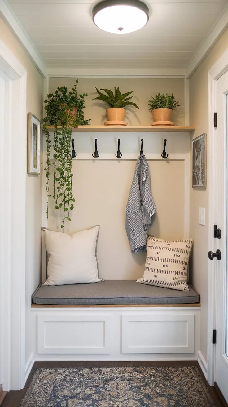 Maximize your tiny home entryway with this space-saving design. This entryway nook cleverly incorporates shelf and hooks for coats and bags, offering practical entryway storage ideas. The storage bench provides ample shoe storage, while the potted plants add a touch of life. Perfect for small mudroom ideas and small entrance ideas, this design demonstrates how to create efficient entryway storage in even the narrowest of hallways, offering inspiration for tiny hallway ideas and narrow entryway closet ideas.