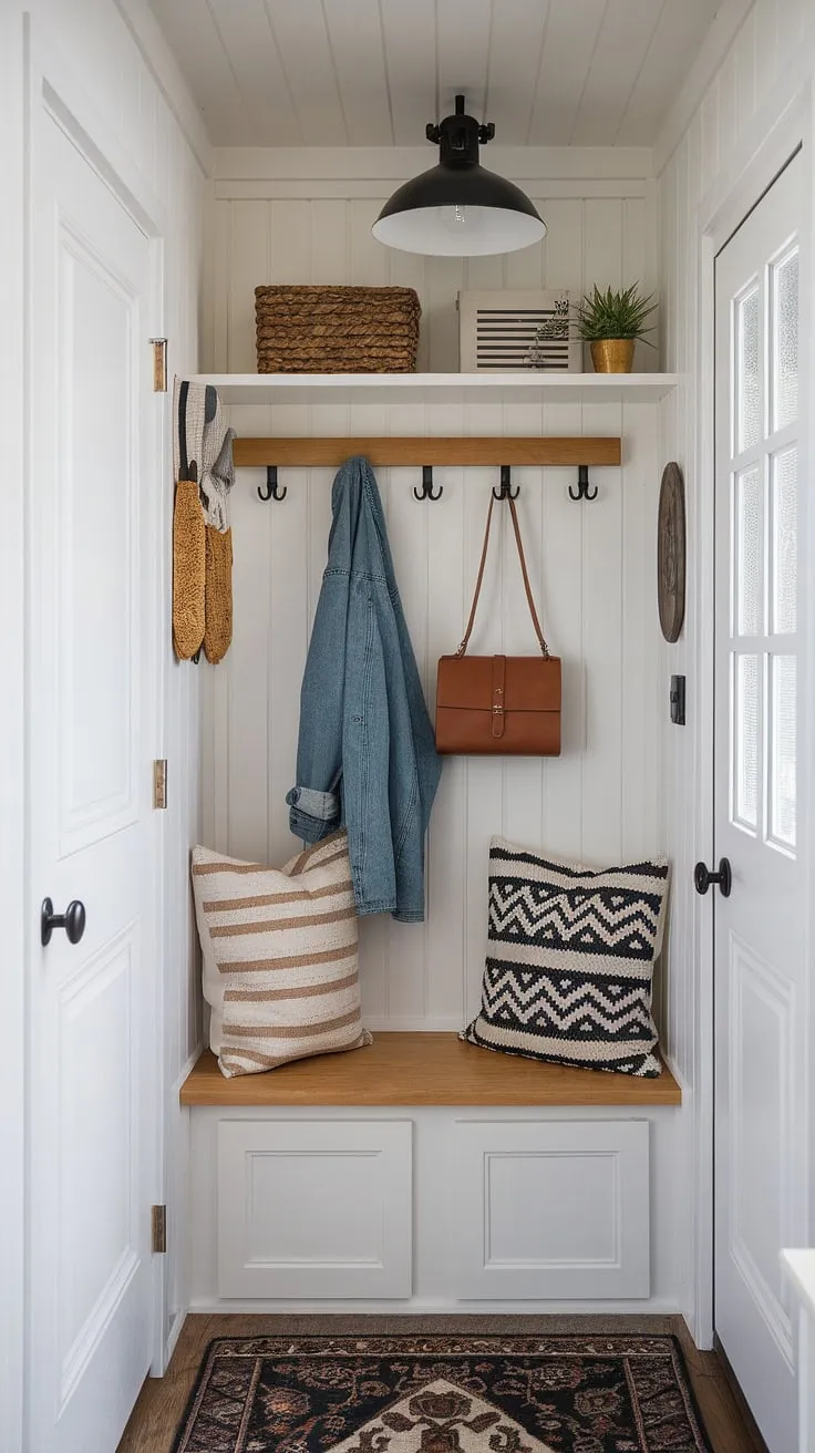 This tiny home entryway proves that even small entrance ideas can be stylish and functional. Clever entryway storage ideas, including a narrow entryway closet with shelf and hooks and an entryway storage bench, transform this tiny hallway into a well-organized space.