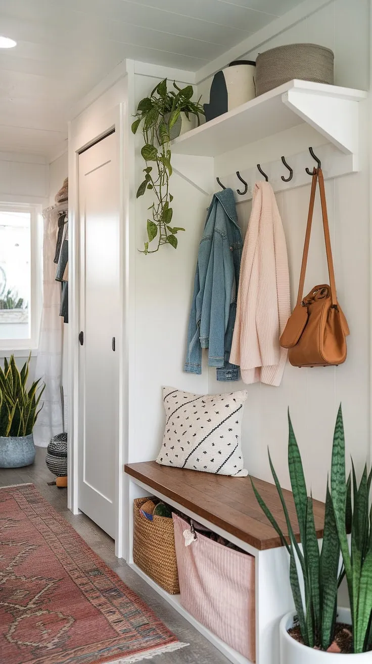 Maximize space in your tiny home with this clever entryway nook. Small mudroom ideas like this utilize a shelf and hooks for coats and bags, a storage bench for shoes, and a narrow entryway closet for extra storage. Perfect for small entrance ideas and home entrance organization, this design proves that even tiny hallway ideas can be stylish and functional. Entryway storage ideas don't get much better than this combination of shelf and hooks, storage bench, and compact closet.