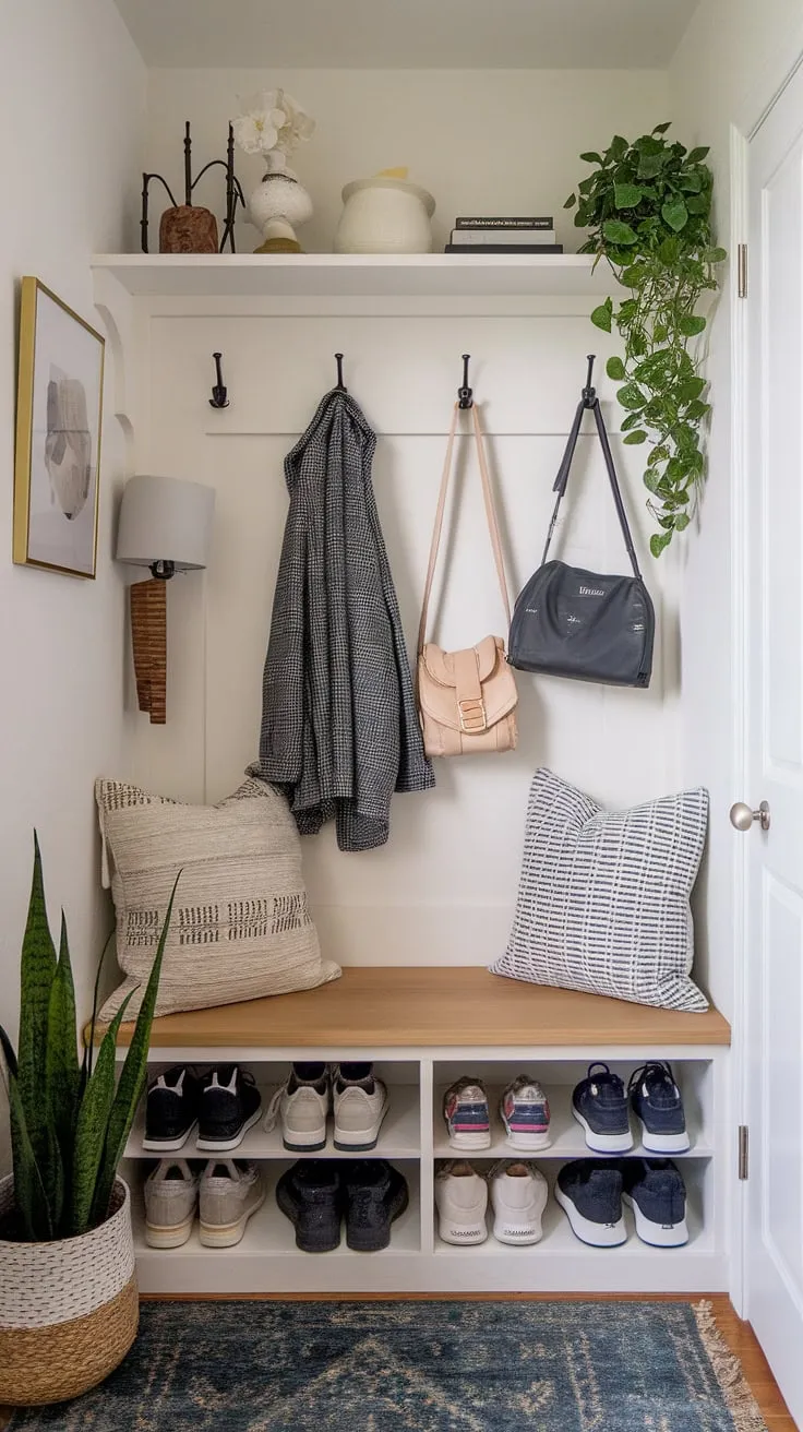 Transform a cramped entryway into a functional haven with these small entrance ideas. This tiny hallway showcases a space-saving storage bench with shoe storage below and a shelf above, complemented by wall-mounted hooks. The perfect example of narrow entryway closet ideas and entryway storage ideas, this small mudroom idea is ideal for tiny home entryway organization, offering a stylish solution for shelf and hooks storage.