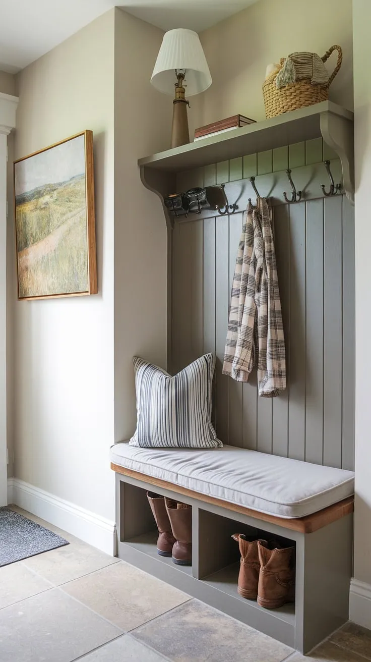 Maximize space in your tiny home entryway with this clever nook. The entryway storage bench, complete with shelf and hooks, provides ample shoe storage and home entrance organization. Perfect for small mudroom ideas, narrow entryway closet ideas, and small entrance ideas, this design offers a stylish solution for even the tiniest hallway ideas and entryway storage ideas. The added lamp creates a welcoming ambiance.