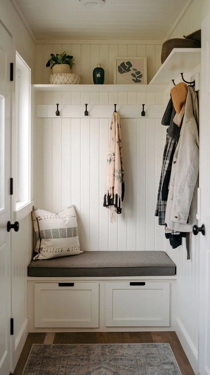 Maximize space and style in this charming entryway nook. Clever shelf and hooks, plus a storage bench, offer brilliant small mudroom ideas and entryway storage ideas, perfect for tiny home entryway organization. This narrow entryway closet ideas solution proves that even small entrance ideas can be big on functionality.