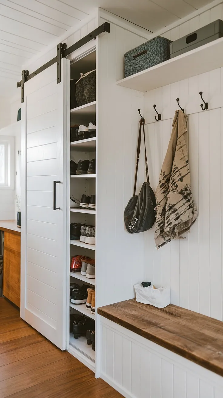 Small entrance ideas don't have to compromise on style or functionality. This entryway nook showcases smart small mudroom ideas, including a narrow entryway closet for shoe storage, a shelf and hooks, and an entryway storage bench, all contributing to effortless home entrance organization in a tiny hallway.