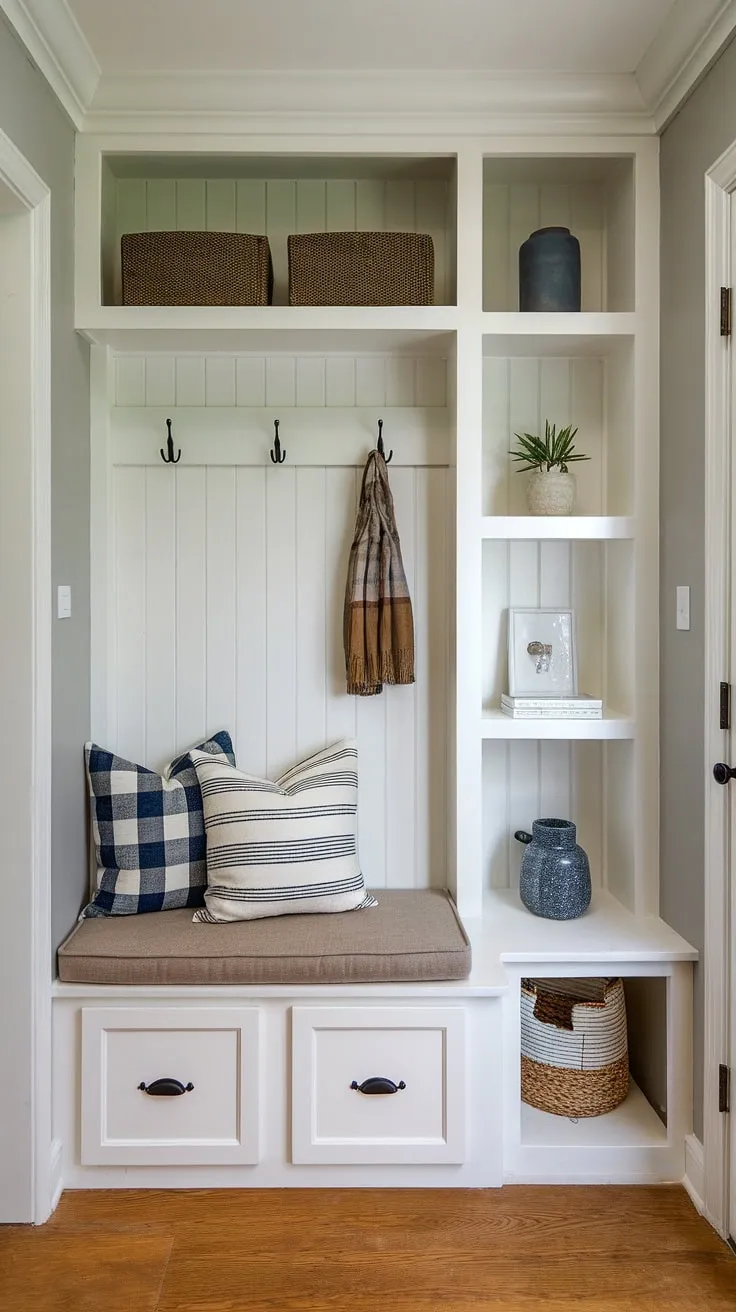 This cozy entryway nook maximizes space with clever storage solutions. The built-in bench with cushion provides a comfortable spot to sit while putting on shoes, while the shelf and hooks above offer convenient storage for coats and bags. Perfect small mudroom ideas for shoe storage, this narrow entryway closet ideas demonstrates how even a tiny hallway can be organized. These entryway storage ideas, including the entryway storage bench ideas, are ideal for small entrance ideas and tiny home entryway design. The warm wood floor adds to the inviting atmosphere, making this home entrance organization a success.