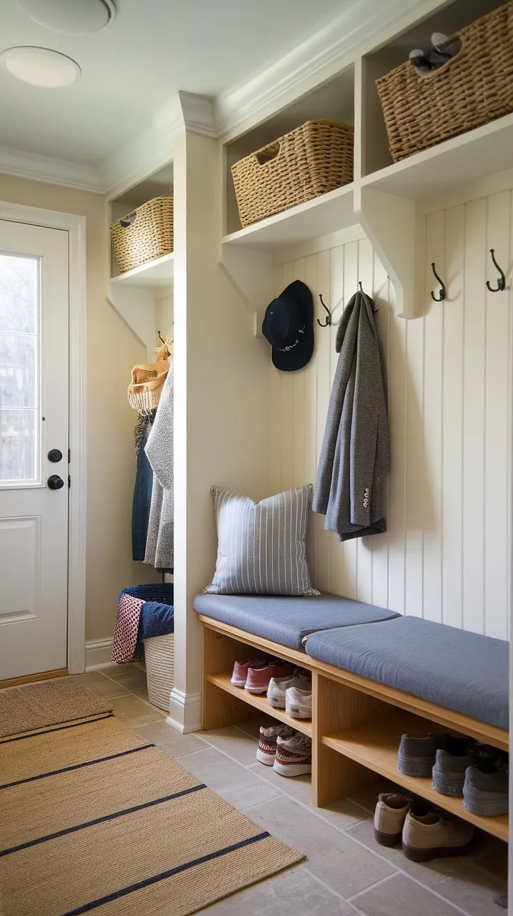 This entryway storage bench ideas solution is perfect for small mudroom ideas and narrow entryway closet ideas. The shelf and hooks above the cushioned bench offer convenient storage for coats, hats, and shoes, while the baskets on the wall provide additional space. This tiny home entryway setup is a masterclass in home entrance organization, transforming a small entrance ideas into a functional and welcoming entryway nook. The tiled floor and rug add a touch of style to this efficient use of space, ideal for those seeking tiny hallway ideas.